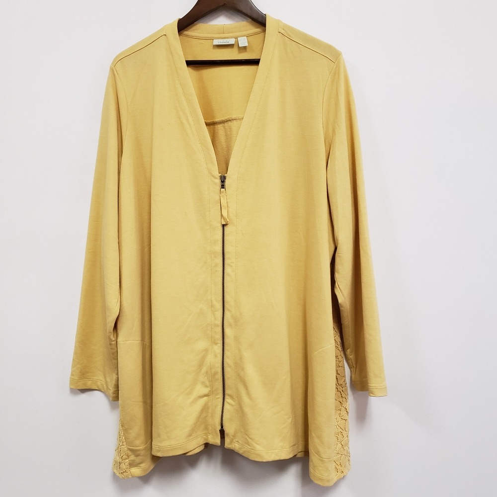 Logo Lounge Womens Full Zip Lace Back Sweater Size 3X Yellow Artsy Lagom Layers‎